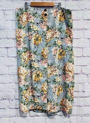 Sonoma Vintage Blue Floral Linen Pencil Skirt Size Large