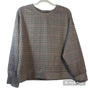 One By Chapter One Retro Brown Plaid Houndstooth Balloon Sleeve Top Size XL