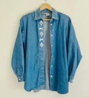 Vintage Denim and Lace Bows Shacket Shabby Chic Light Wash Jean Jacket Chambray Shirt