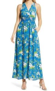 Halogen Wrap Front Halter Dress in Blue Yellow Wildflower L