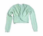 No Comment Womens Sz M V Neck Sweater Green Long Sleeve Drawstring Fuzzy