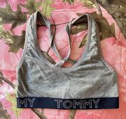 grey navy cross back cotton sports bra sparkly silver logo