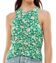 WAYF Main Squeeze Ruched Retro Green & Pink Floral Top