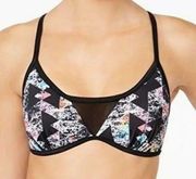 HULA HONEY Women's Black Multi Just Another Brick Printed Bikini Swim Top sz S