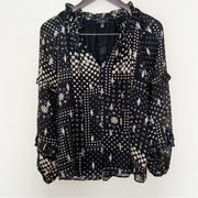 Current Air Black Mixed Geometric Print Semi Sheer Peasant Blouse Size M