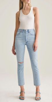 Riley High Rise Distressed Straight Leg Button Fly Crop Jeans Shatter