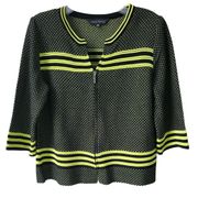 Ming Wang Full Zip Cardigan Stripe Neon Lime Knit Black 3/4 Sleeve Women PM