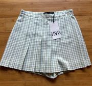 ZARA NWT Box Pleated Gingham Green Skort