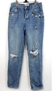 We the Free Jeans 28 Embroidered Strawberry Distressed Button Fly Blue Womendd