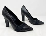 [Donald Pliner] Silver Metallic Glitter Suede Pointed Toe Ruffle Trim Heels 6.5