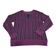 Rock & Republic Lace Up Black and Grape Striped Sweater Sz L Lace Up Detail EUC!