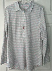 Vineyard Vines 1/2 Button Up Popover Dot Cotton Shirt Womens 14 Light Blue