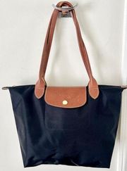 Longchamp Le Pliage Medium Nylon Shopping Tote Bag Black Brown Leather Trim