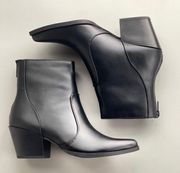 Black Almond Toe Vegan Leather Stacked Heel Bootie