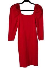 Lily Rose Red Ribbed 3/4 Puff Sleeve Bodycon Dress
