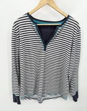 Betsey Johnson Top Women LARGE Grey White Striped V-Neck Henley Long Sleeve