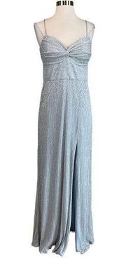 Women's Formal Dress by  Size 8 Silver Metallic Thigh Slit Long Evening Gown