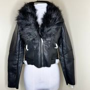 NWT Faux Leather Moto Jacket SMALL Faux Fur Collar Full Zip Biker