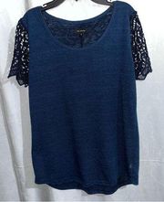 The Limited Navy Blue Top With‎ Embroidery Knitted Sleeves Size Large