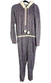 Kensie Fleece One Piece Pajama Women’s Size L Teddy Bear Animal Print Gray Hood