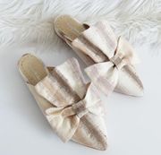 Farylrobin Amaral Neutral Striped Linen Bow Pointed Mules Size 37