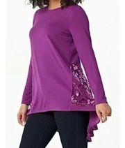 LOGO Lori Goldstein Top Womens L Purple Rayon Floral Burnout Velvet Satin Tunic