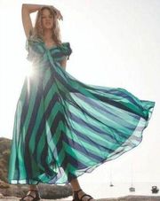 Zimmermann Tiggy Frill Shoulder Maxi Striped Blue Green Dress Size 3 AU / US 10