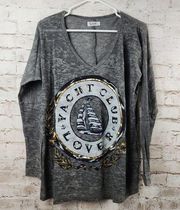 Lauren Moshi Mona Long Sleeve V Neck T-Shirt Yacht Club Gray Small NWT Oversized