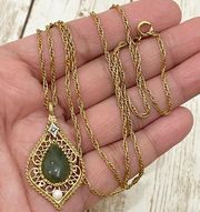 Vintage GF Filigree Jade Teardrop Diamond Necklace