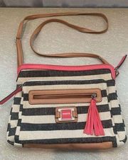 ROSETTI Canvas Shoulder Bag Purse-Pink/Black/Cream Striped 5 Compartment EUC