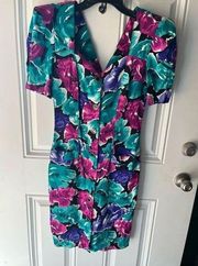 Vintage 80s 90s short sleeve mini dress floral multicolored 5/6 made in USA