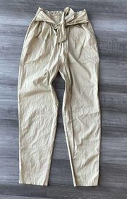 New Look Tan High Rise Ankle Pants Size 4 Elastic Waist Bow Belt E8