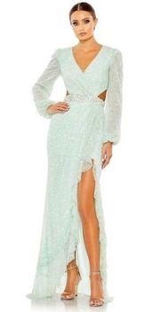 MAC DUGGAL Sequined Faux Wrap Cut Out Puff Sleeve Gown in Soft Mint Size US 4