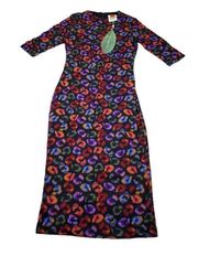 Farm Rio Black Ikat-Dyed Jersey Midi Dress Leopard Purple Red Stretch Size XS