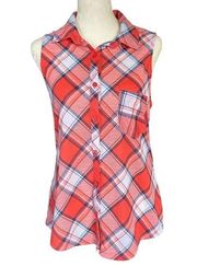 Ultra Flirt sleeveless collared button down orange white plaid top women's M