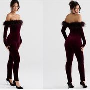 House of CB 'Salima' Dark Cherry Velvet Feather Jumpsuit NWT size M