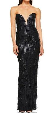 Nookie Karma Gown Black Sequins Fringe Maxi Strapless Deep Neckline Slit S New