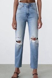 Zara Mom Fit High Rise Distressed Straight Leg Jeans