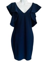 Badgley Mischka Navy Blue Cascade Ruffle Crepe Flutter Sleeve Sheath Dress sz 4