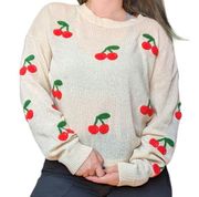 Cherry Print Textured Pullover Sweater Sheer Long Sleeve Kori Womens Medium Top