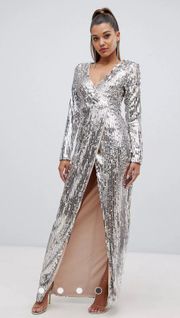 Long Sleeve Silver Metallic Sequin Maxi Dress With V Neck and Front Split