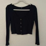 Ambiance black waffle knit long sleeve crop top w/ buttons