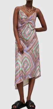 Allsaints Womens Alexia Luisa Rainbow Midi Dress Asymmetric Hem Silk Blend 4 NWT