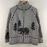 Vintage Light Grey Knit Bear Cozy Cabin Stitch Mock Neck Sweater