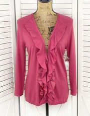 Anne Klein Notting Hill Ruffle Trim V Neck Cardigan Sweater Pink Medium