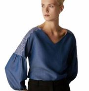 Massimo Dutti Embroidered Chambray Peasant Top NWT