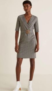 Women’s Herringbone Pattern Faux Wrap Dress Gray/Brown Small