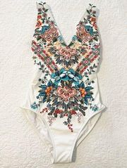 Johnny Was Crossback One Piece White Floral Swimsuit Small S NWT