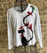 VTG Jack B Quick Christmas Top Medium White Red Birds Cardinals Black Ca…