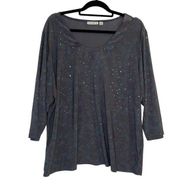 2X Long Sleeve Shirt Scoop Neck 3/4 Sleeve Floral Sparkle Stretch